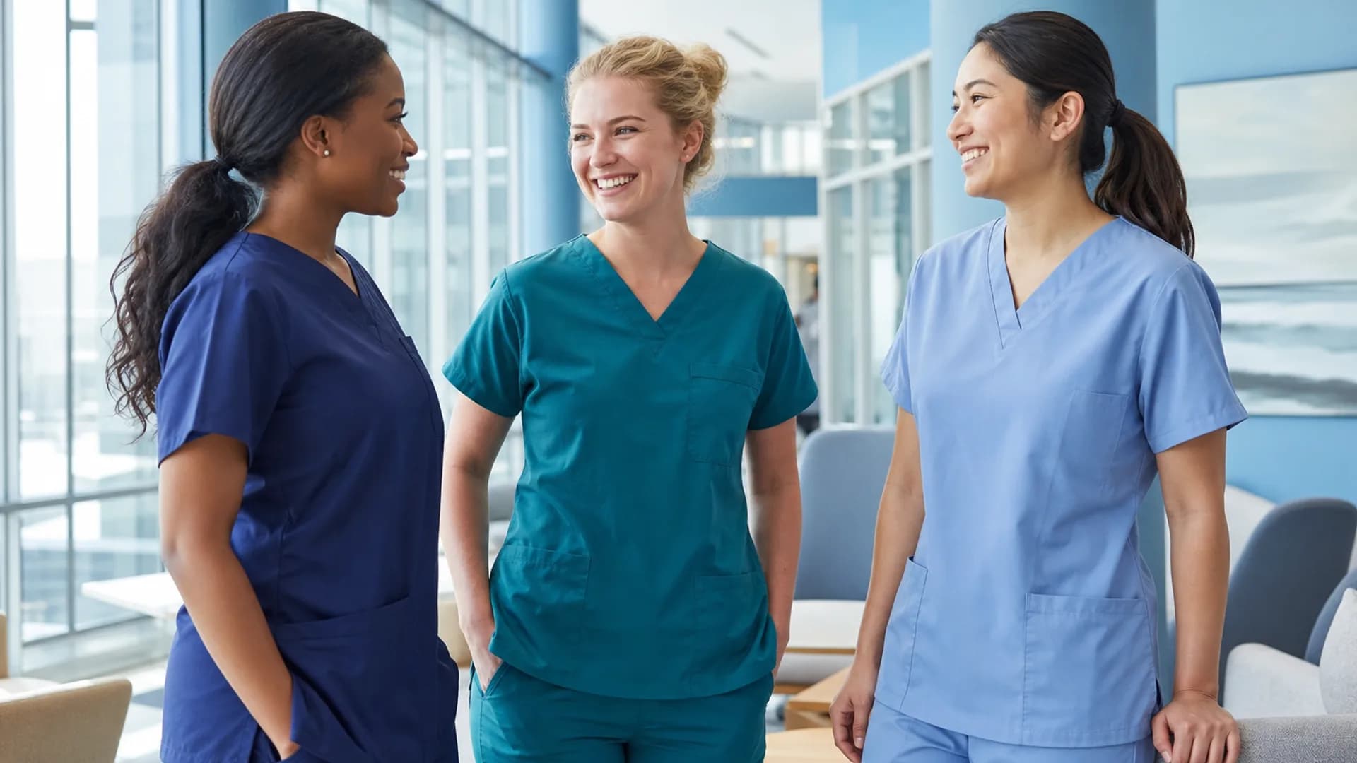Three nurses talking together in a bright hospital lounge
