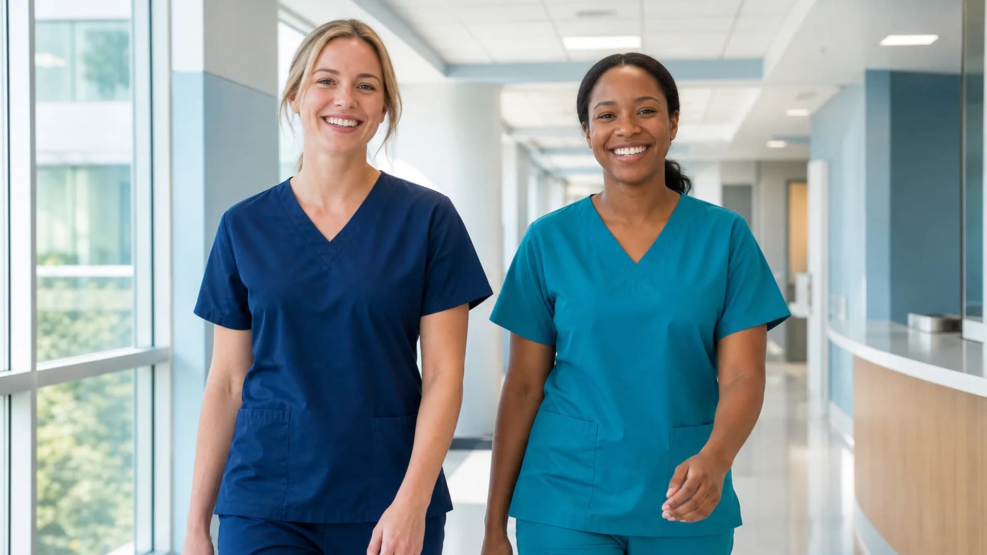 Two smiling nurses walking a bright hospital corridor
