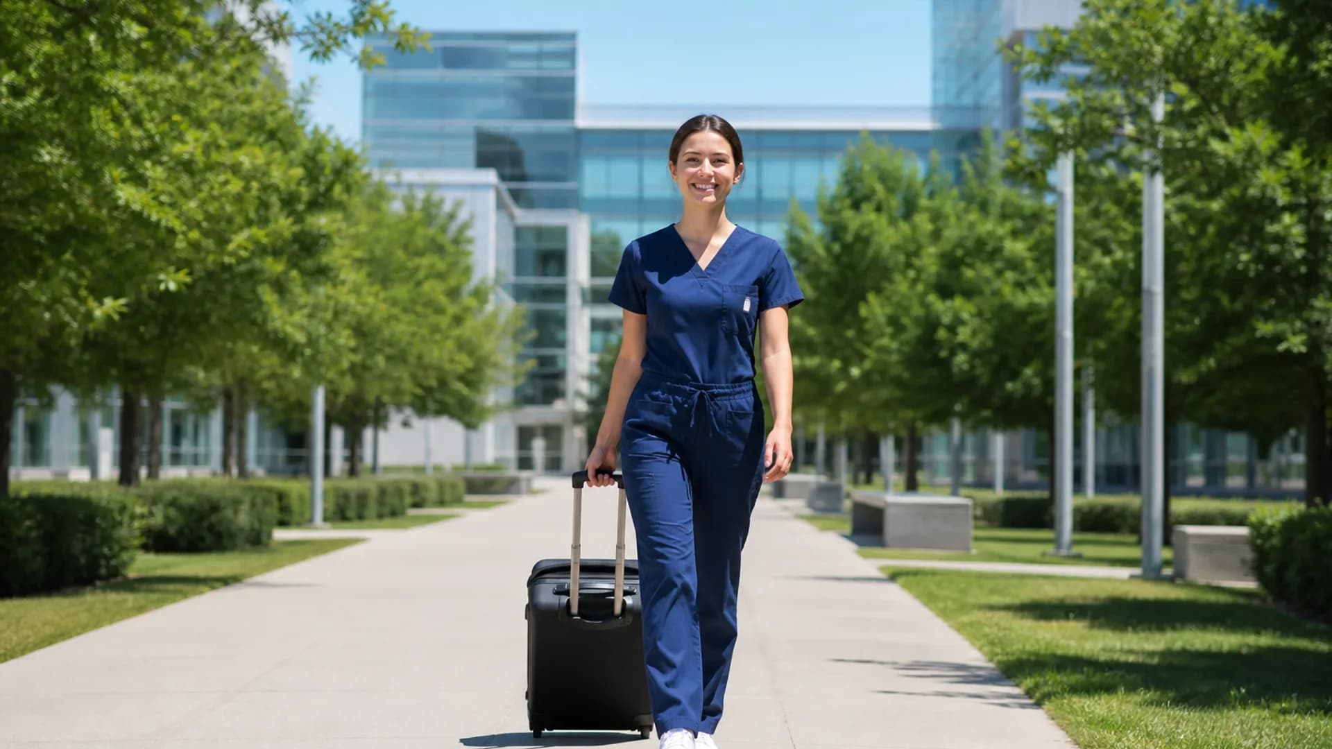 Travel nurse walking toward her next assignment with a suitcase