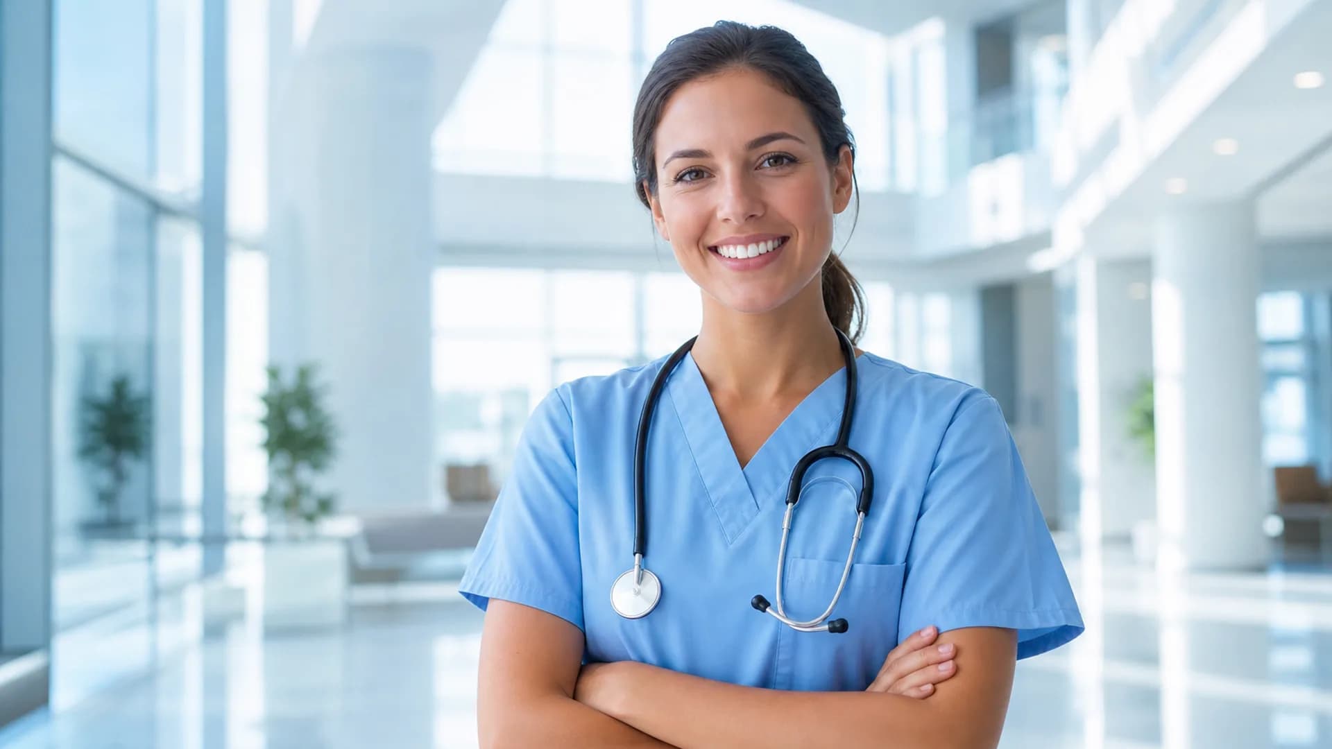 Confident nurse standing in a bright hospital atrium