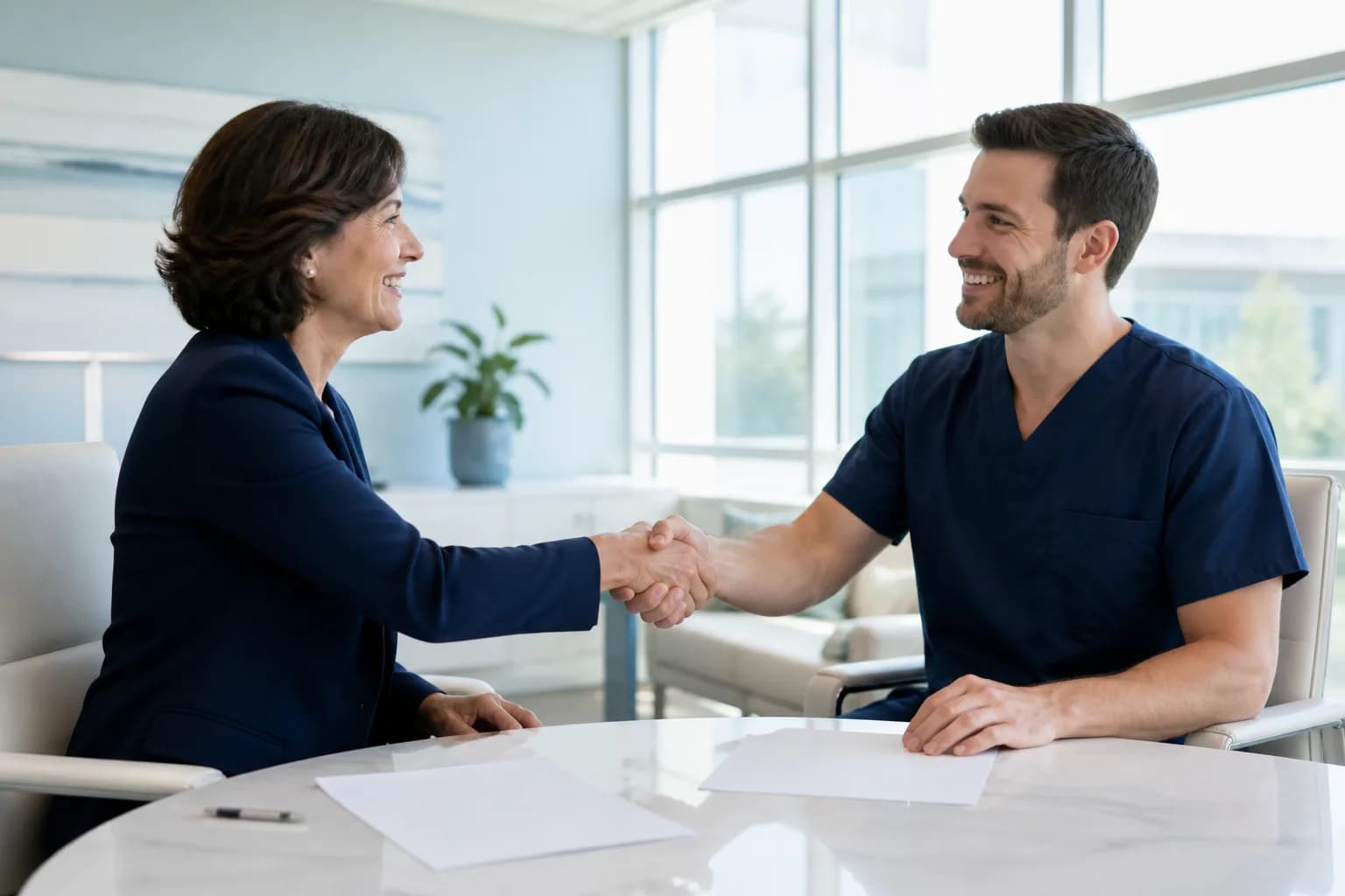 Clinician and partner shaking hands in a bright office