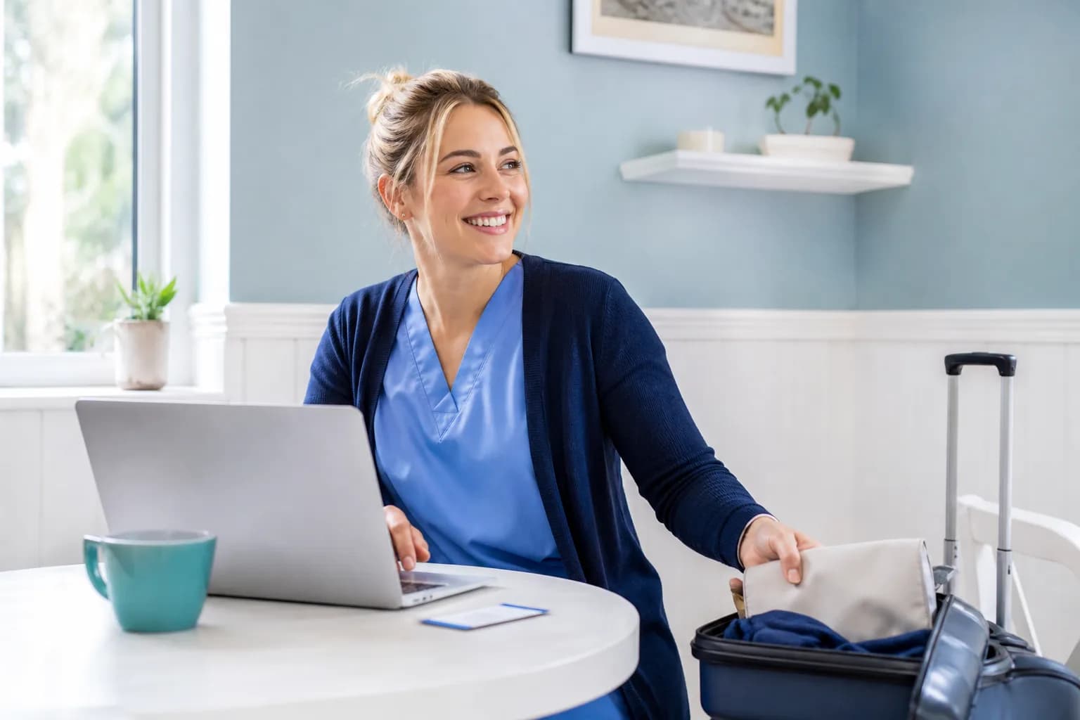Travel nurse with a laptop preparing for the next assignment