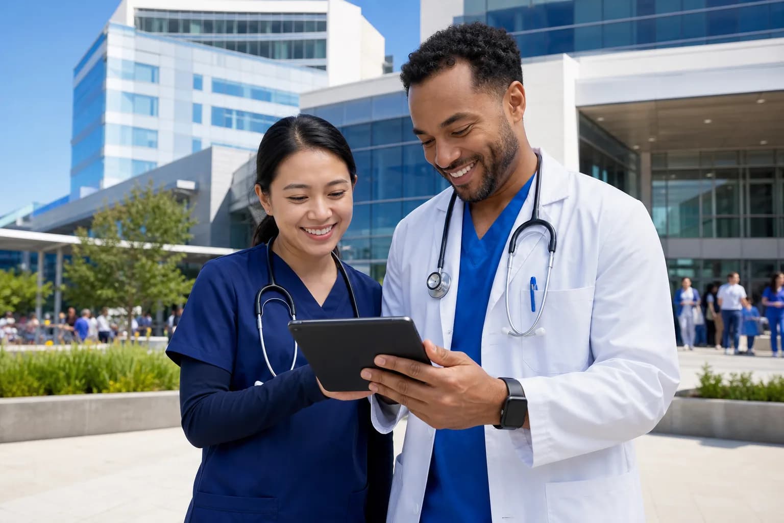 Two clinicians comparing notes outside a hospital