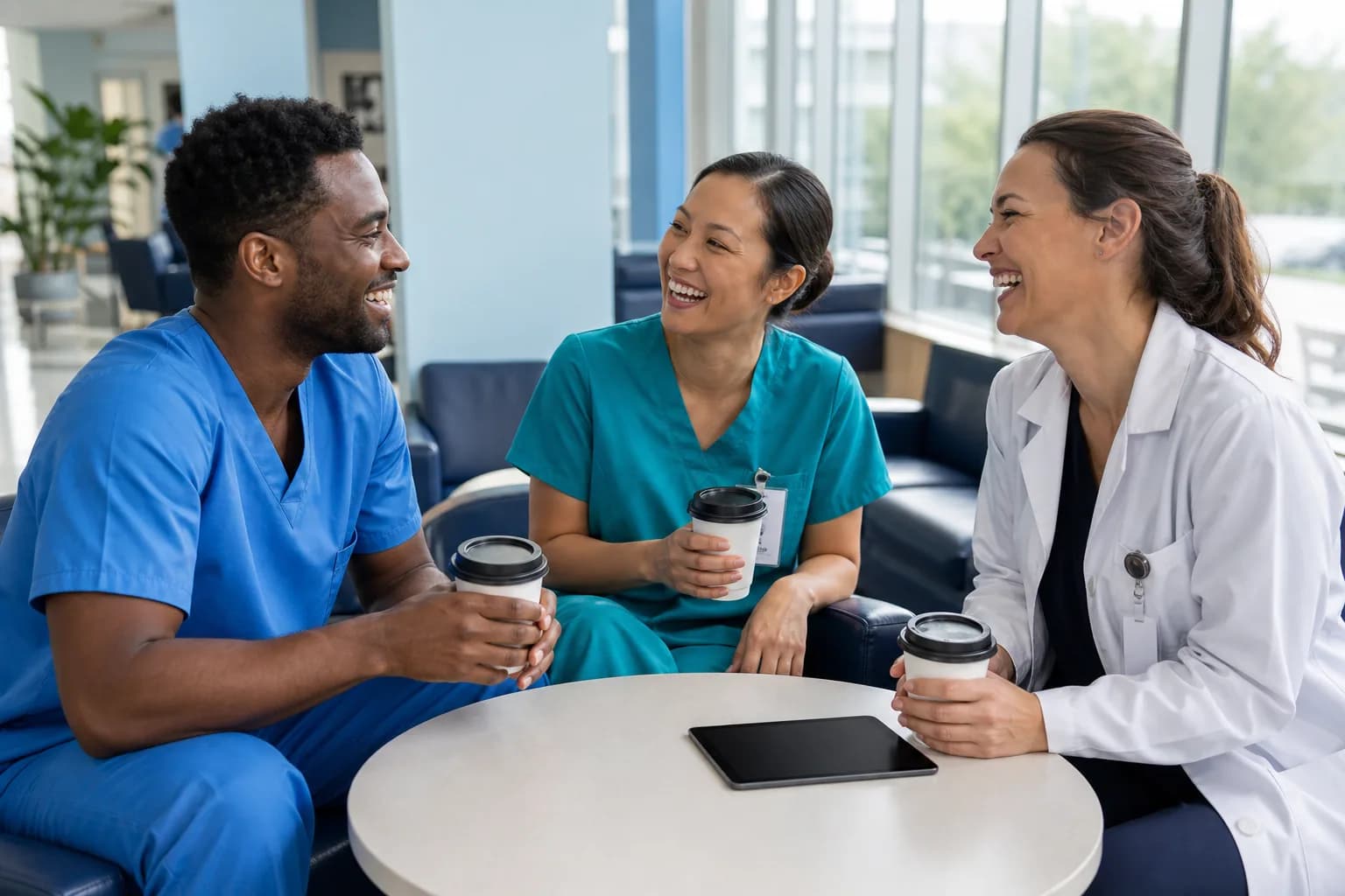 Clinicians talking together in a bright hospital lounge