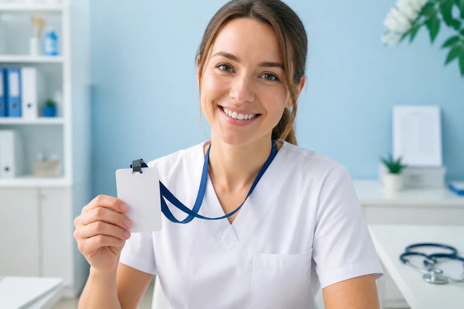 Nurse smiling and holding a hospital ID badge in daylight