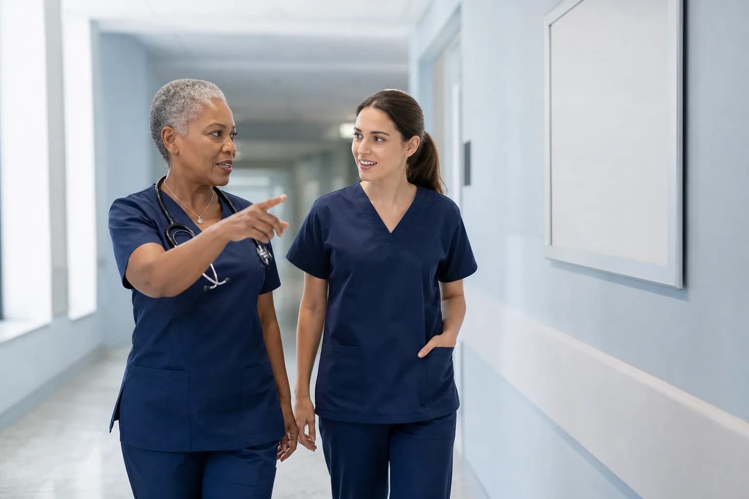 Experienced nurse mentoring a colleague in a bright hallway