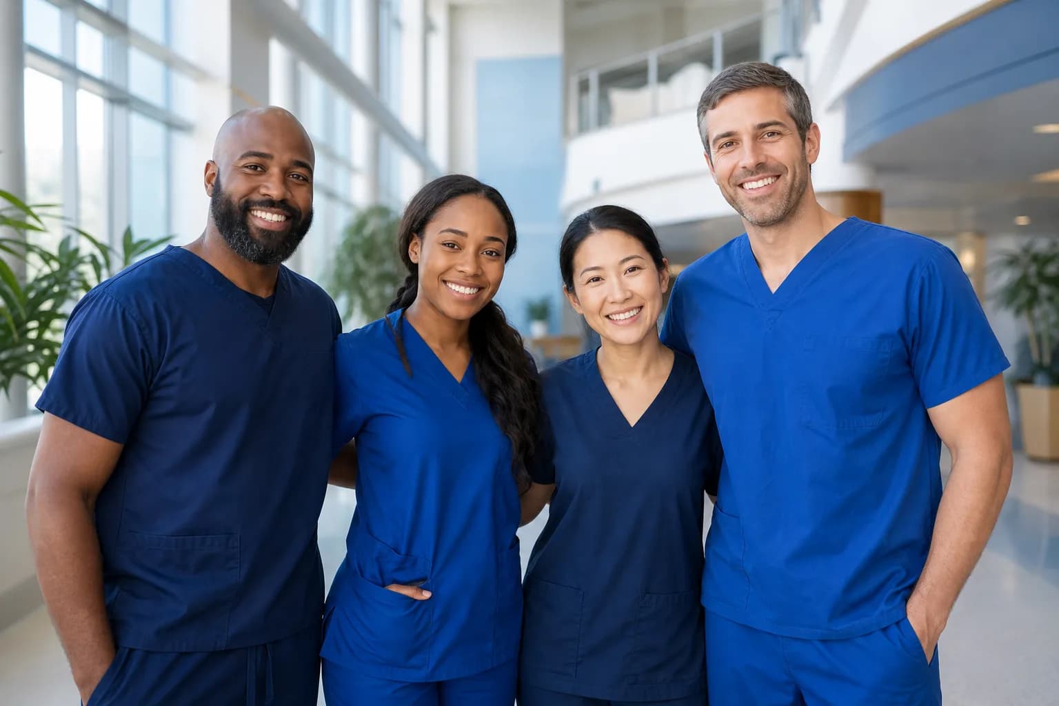 Diverse clinicians standing together in a bright hospital atrium