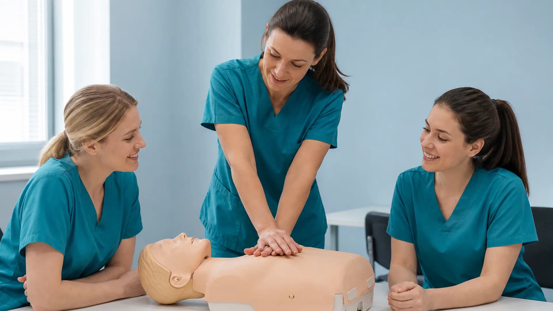 Nurse instructor teaching CPR to two nurses in a bright classroom