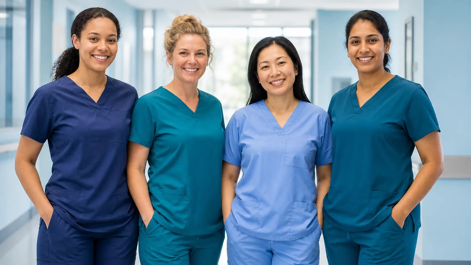 Four nurses standing together in a bright hospital corridor
